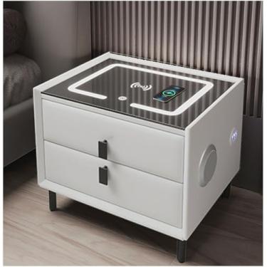 Imagem de Mesa de cabeceira de madeira maciça redonda moderna e minimalista italiana com gavetas de armazenamento, mini mesa de cabeceira de sofá cinza/mesa de centro de madeira moderna - mesa de cabe