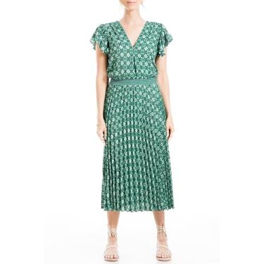 Imagem de Max Studio Vestido midi plissado de manga curta crepe feminino, Azulejo marroquino da floresta, P