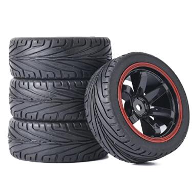 Imagem de WONFAST 4PCS RC Car Rubber Tires and Plastic Wheels Rims Compatible with 1/10 Scale On Road Touring Racing Flat Drift Car Traxxas HSP HPI Tamiya Sakura (Black/Red)
