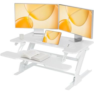 Imagem de Claiks Conversor de mesa em pé 91,4 cm, elevação de altura ajustável, suporte para mesa, suporte rápido, monitor duplo, estação de trabalho para escritório em casa com bandeja de teclado, branco