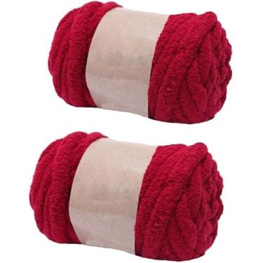 Imagem de 2 novelos DIY tricô grosso fio de chenille super grosso marfim tricotado à mão fio de chenille jumbo para braço de tricô cobertor tapete chapéu cachecol (vinho vermelho)