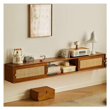 Imagem de Meuble télé Suporte de TV flutuante de madeira mural com armários e prateleiras de exibição e portas deslizantes, centro de entretenimento montado na parede de 118,2 cm/59 polegadas/70,8 pol., console