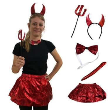 Imagem de Kit Fantasia Diabinha Completo: Tiara com Chifres, Saia Metalizada, Gravata, Rabo e Tridente - Carnaval e Halloween