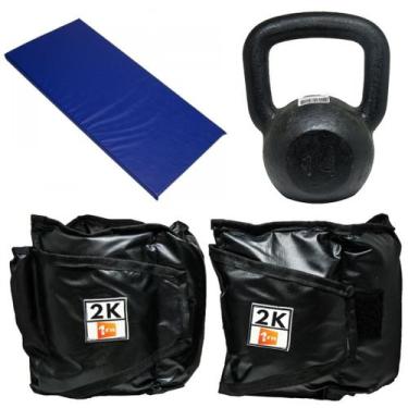 Imagem de Kit Colchonete Azul + Par de Caneleira 2Kg + kettlebell Pintado 14kg -