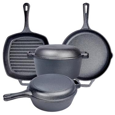 Imagem de Conjunto de panelas e frigideiras pré-temperadas com 6 peças – Panela dupla Bruntmor para forno holandês – Conjunto de cozinha – Frigideira de ferro fundido e frigideira quadrada com tampa