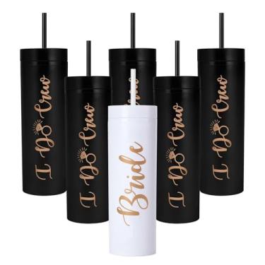 Imagem de Pacote com 6 copos skinny Bride to Be | Copos de noiva e noiva de 473 ml | Copos de despedida de solteira | Presentes de casamento de noivado canecas para damas de honra e jogos (preto)