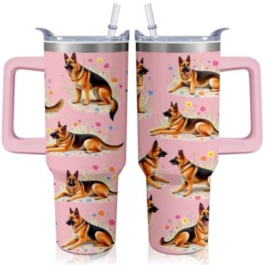 Imagem de Copo para cães pastor alemão de 1,134 g com alça e canudo, copo isolado de aço inoxidável para filhotes com tampa e canudo, garrafa de água para viagem, presente de dia das mães para mulheres e homens