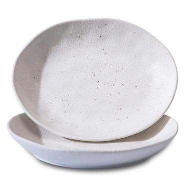 Imagem de Conjunto de 2 pratos de cerâmica feitos à mão, tigelas de macarrão | Tigelas de servir de 25 cm para entretenimento, pratos de servir | Tigelas rasas brancas de porcelana para salada, sopa, macarrão e