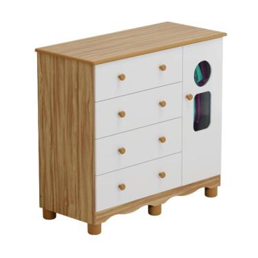 Imagem de Cômoda Infantil Tedy Peroba Em 100% Mdf Branco Com Amêndoa Branco Amêndoa