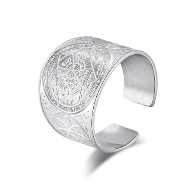 Imagem de Pregeckit Anel Amuleto de Proteção Selo dos 7 Arcanjos Os Segredos do Rei Salomão Masculino Anéis Abertos Joias Vintage, Metal, Envoltório