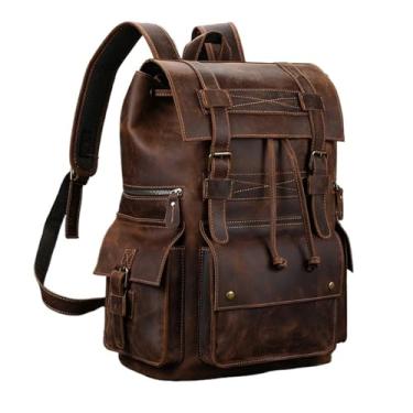 Imagem de Mochila de couro para homens masculino couro genuíno mochila de viagem para laptop mochila de 17 polegadas(Brown)