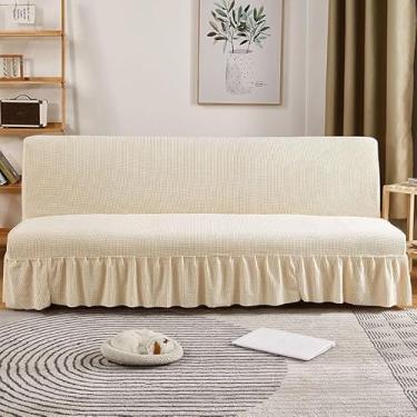 Imagem de Capa de futon sem braços com saia de babados, sofá-cama futon altamente elástica(Beige,Medium (160-190cm))
