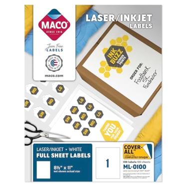 Imagem de MACO Etiquetas de folha inteira a laser/jato de tinta, 21,5 x 28 cm, 1 por folha, 100 por caixa (ML-0100)