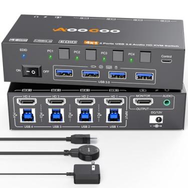 Imagem de Interruptor KVM HDMI 8K @60Hz/4K @144Hz, interruptor HDMI KVM para 4 computadores, compartilhe 1 monitor e 4 dispositivos USB 3.0 com áudio, simulação EDID, controle remoto com fio e cabos USB