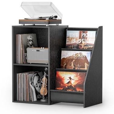 Imagem de Suporte para toca-discos, suporte de toca-discos com armazenamento de discos de vinil, mesa de toca-discos com prateleira de suporte de exibição de vinil, gabinete de toca-discos com organizador de