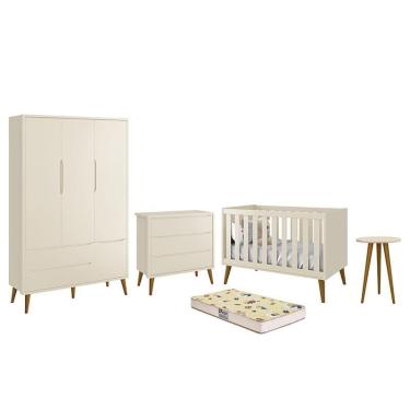 Imagem de Dormitório Infantil Theo Retrô 3 Portas, Cômoda, Berço, Mesa de Apoio com Pés Amadeirado e Colchão D18 - Reller Móveis Areia Fosco