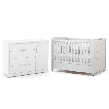 Imagem de Jogo de Quarto Infantil Tutto New Cômoda 1 Porta e Berço com Capitonê - Matic Móveis Branco Soft