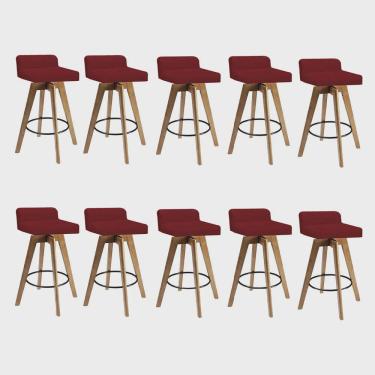 Imagem de Kit 10 Banqueta Alta Com Encosto Giratória Rute Madeira Balcão Bistrô Cozinha Suede Vermelho - Ahz Móveis