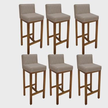 Imagem de Kit 06 Banqueta Alta Com Encosto Loren Cozinha Balcão Bistrô Base Madeira Castanho Tecido Sintético Bege - Ahz Móveis