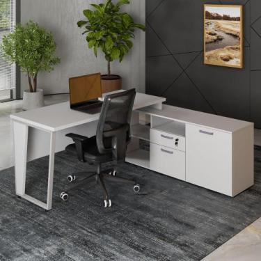 Imagem de Mesa L Escritório 150cm com Armário Lateral Pé Metal F5 - F5 Office G,