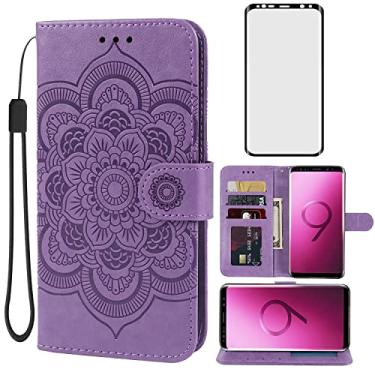 Imagem de Bohefo Capa carteira para Galaxy S9/Samsung S9 SM-G960U com protetor de tela de vidro temperado, capa flip de couro mandala em relevo com suporte para cartão de crédito para Samsung Galaxy S9 roxo