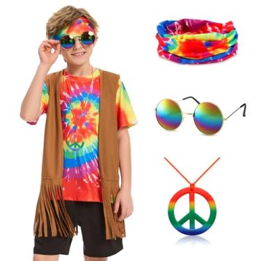 Imagem de kooirsp Conjunto de fantasia hippie para meninos dos anos 60, 70, 5 peças, colete com franja, acessórios para festa de carnaval dos anos 60 e 70, Arco-íris, 11-12 Anos