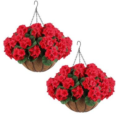 Imagem de Hananona 2 conjuntos de flores artificiais de gerânio ao ar livre com cesta suspensa, 2 vasos suspensos com 12 peças de flores vermelhas de gerânio para primavera, verão, varanda, jardim, pátio