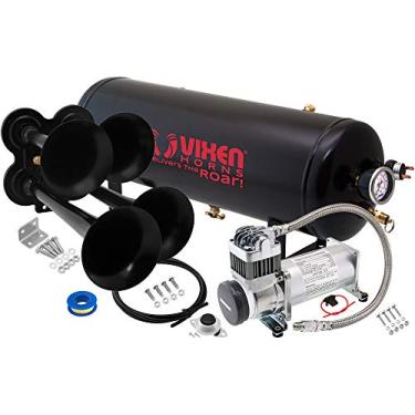 Imagem de Vixen Horns Kit de buzina de trem para caminhões/carros/semi. Sistema integrado completo - Compressor de ar de 200psi, tanque de 2,5 galões, 4 trompetas. Super alto dB. Serve para veículos como picape