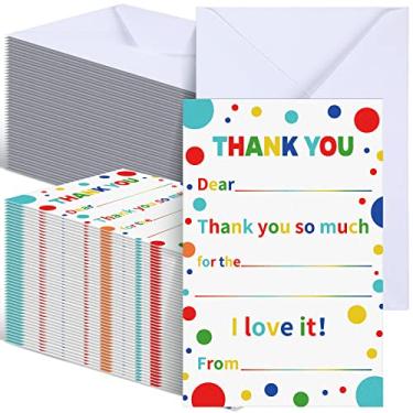 Imagem de Sherr 200 pçs cartão de agradecimento infantil com envelopes preencher o arco-íris em branco notas de agradecimento cartão postal de aniversário colorido dot cartolina confete agradecimento presente