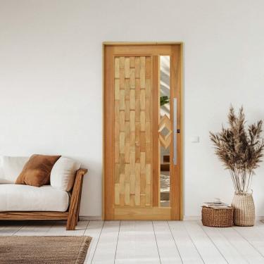 Imagem de Porta Couro em Pé Losango Batente 14 Puxador Barra Chata 60 CM 102 X 210 Esquerdo Rodam Natural