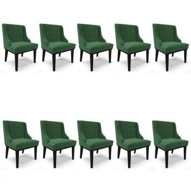 Imagem de Kit 10 Cadeiras Estofadas Para Sala De Jantar Base Fixa De Madeira Preto Lia Veludo Verde - Ibiza