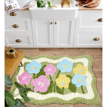 Imagem de Aldopein Tapete de margarida fofo, tapete de banheiro floral boêmio verde colorido tapete de cozinha antiderrapante, lavável estética moderna destaque moderno tapete 2x3 para entrada do quarto