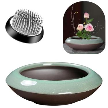 Imagem de Elifinds Kit de vaso Ikebana Vaso de sapo de flores de cerâmica com vaso de sapo de flores Kenzan inoxidável vaso de arranjo de flores para exibições florais musgo e plantas hidropônicas presente de