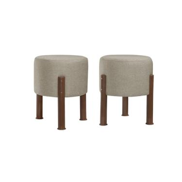 Imagem de Kit 2 Puff Banquinho Redondo Decorativo Thor em Linho Pés Polietileno Cor Bege