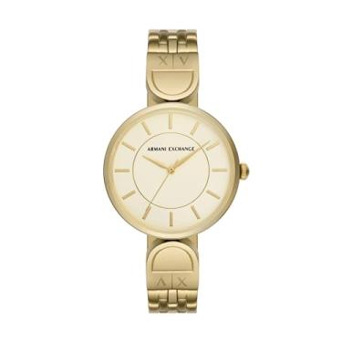 Imagem de Armani Exchange Relógio feminino A|X de aço inoxidável dourado com três ponteiros (modelo: AX5385)