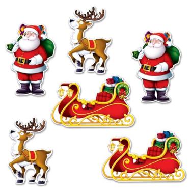 Imagem de Beistle Pacote com 6 recortes de papai noel trenó e rena decorações de cartolina de Natal dupla face para festas de fim de ano, exibições de sala de aula, cenas de janela e decoração de inverno, 20 a