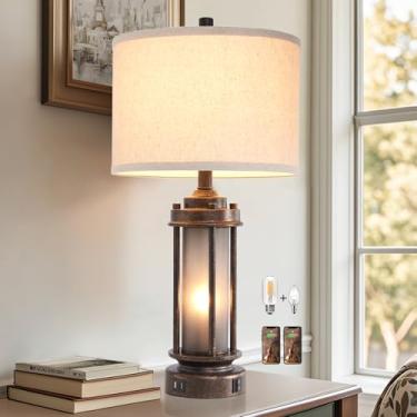 Imagem de AIEAMPDO Luminária De Mesa Estilo Fazenda 25'' Com 2 Portas Carregamento Usb, Cabeceira Rústica Vintage Luz Noturna Vidro Fosco, Escrivaninha Retrô Para Sala Estar, Quarto E Entrada, Lâmpadas Inclus
