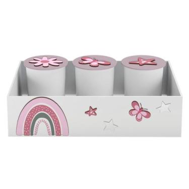 Imagem de Trio de Potes e Bandeja Kit Higiene MDF Arco Íris - Neném na Nuvem, RO