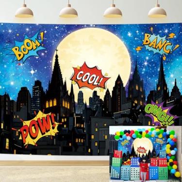 Imagem de Pano de fundo de cidade de super-herói para fotografia, 20 x 1,8 m, azul, desenho animado, cidade, paisagem de super-herói, faixa de festa de aniversário para menino, decoração, suprimentos para fotos