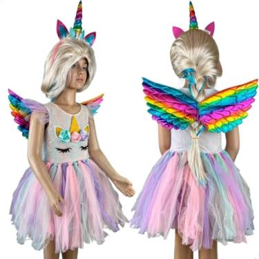 Imagem de Kit Fantasia Completa Unicórnio com Vestido Asas e Tiara Feminina Infantil Festa Aniversario Halloween Eventos Brincadeiras (G)