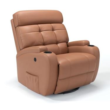 Imagem de Poltrona do papai Reclinável Elétrica Bivolt Com base Giratória e Balanço em Couro Bovino - Modelo Florença (Caramelo)