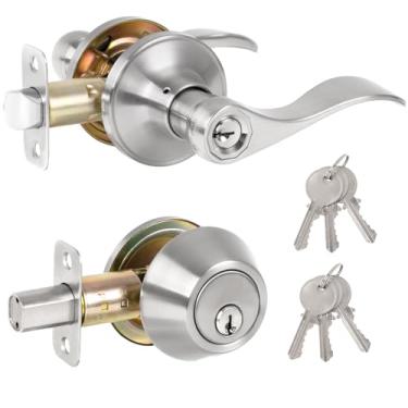 Imagem de Conjunto de fechadura de maçaneta de porta frontal com chave semelhante com cilindro único, conjunto de fechadura de porta de entrada, maçaneta externa com trava e fechadura, maçaneta de porta com