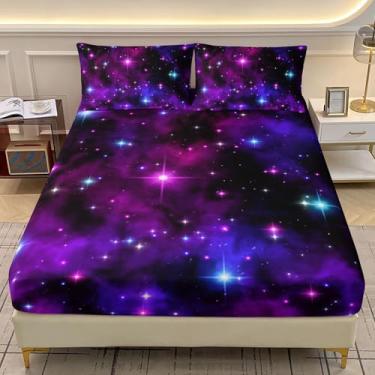 Imagem de AILONEN Jogo de lençol solteiro Galaxy GG, céu estrelado no espaço sideral, para crianças, meninos, tema roxo, 3 peças, 1 lençol com elástico e 2 fronhas, macio