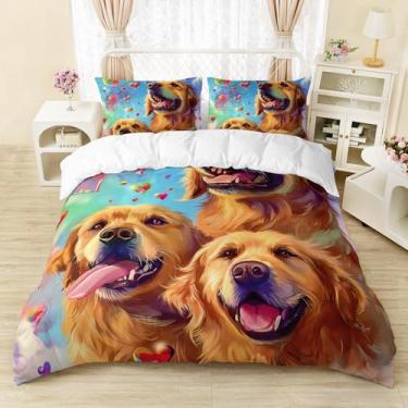 Imagem de AILONEN Jogo de cama solteiro fofo Golden Retriever, desenho animado com tema de animal de estimação, para crianças e adolescentes, conjunto de capa de edredom kawaii para todas as estações, 1 capa de