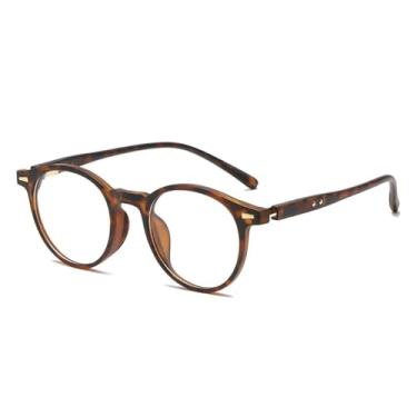 Imagem de Armação de óculos retrô clássica redonda feminina, anti-luz azul, lentes transparentes, rebites da moda, masculina (leopardo fosco)