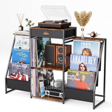 Imagem de JunVpic Suporte para toca-discos com armazenamento de vinil – mesa com suporte, prateleira e gaveta de vinil de 6 compartimentos, prateleiras de exibição de dois lados, comporta mais de 200 álbuns