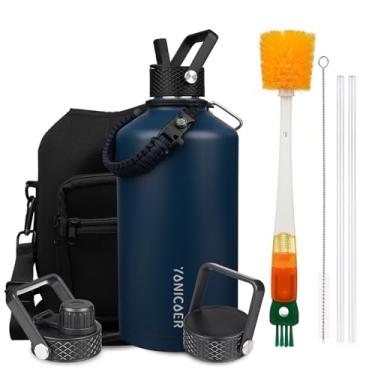 Imagem de YONICOER Garrafa de água isolada de 3,628 g, aço inoxidável a vácuo de parede tripla (pode ser lavada na lava-louças), à prova de vazamento e não BPA, jarro com alça de paracord e tampas de bico de