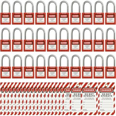 Imagem de Boviisky 30 peças de bloqueio, 2 chaves por trava, com chave diferente, com 30 etiquetas de bloqueio, fechaduras loto vermelhas, cadeado de segurança para estações e dispositivos, kit de etiquetagem de bloqueio individual