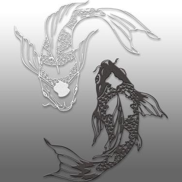 Imagem de Xedatric Arte de parede de metal de peixe Koi preto e branco, decoração Yin Yang Koi com design inspirado no japonês, arte de parede de peixe Koi resistente à ferrugem para espaços zen