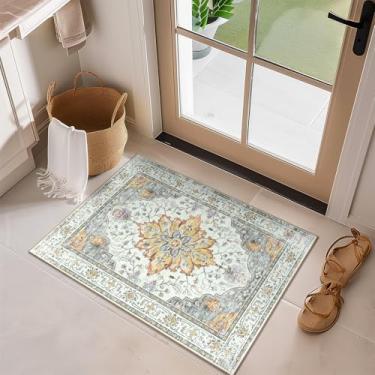 Imagem de RELEANY Tapetes de área de 6 cm x 7 cm lavável, antiderrapante, floral, vintage, estampa de angústia, tapete medalhão para sala de estar, quarto, sala de jantar, amarelo claro cinza carbono laranja